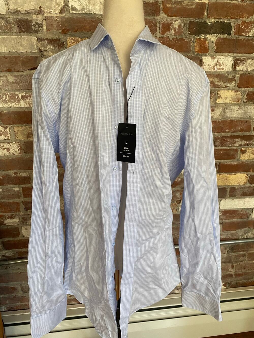 NWT Primark Men's Light Blue Micro Check Dress Shirt Size L 16" Slim Fit